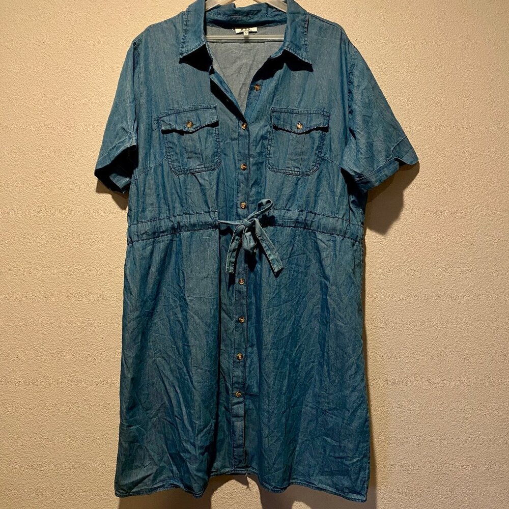 MPH Chambray Denim Dress 3X Short‎ Sleeve Button Front Tie Waist